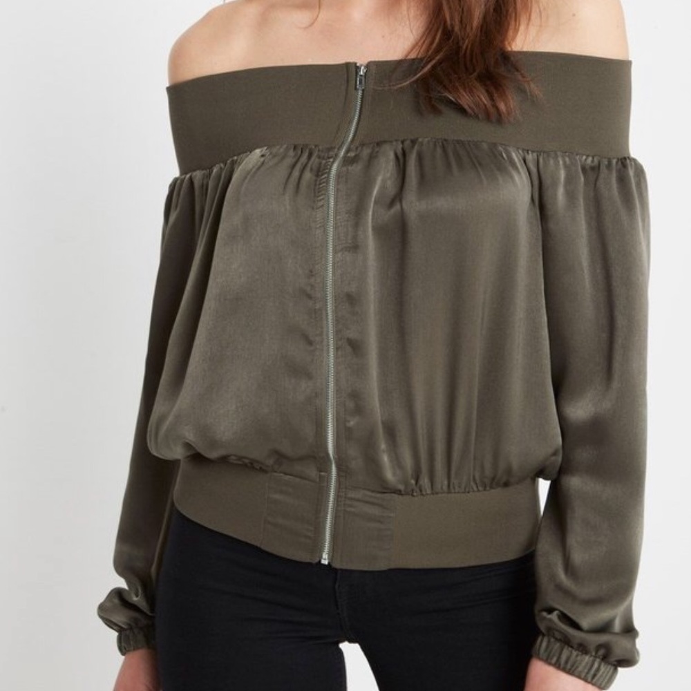 Olive Color Satin Off The Shoulder Top
